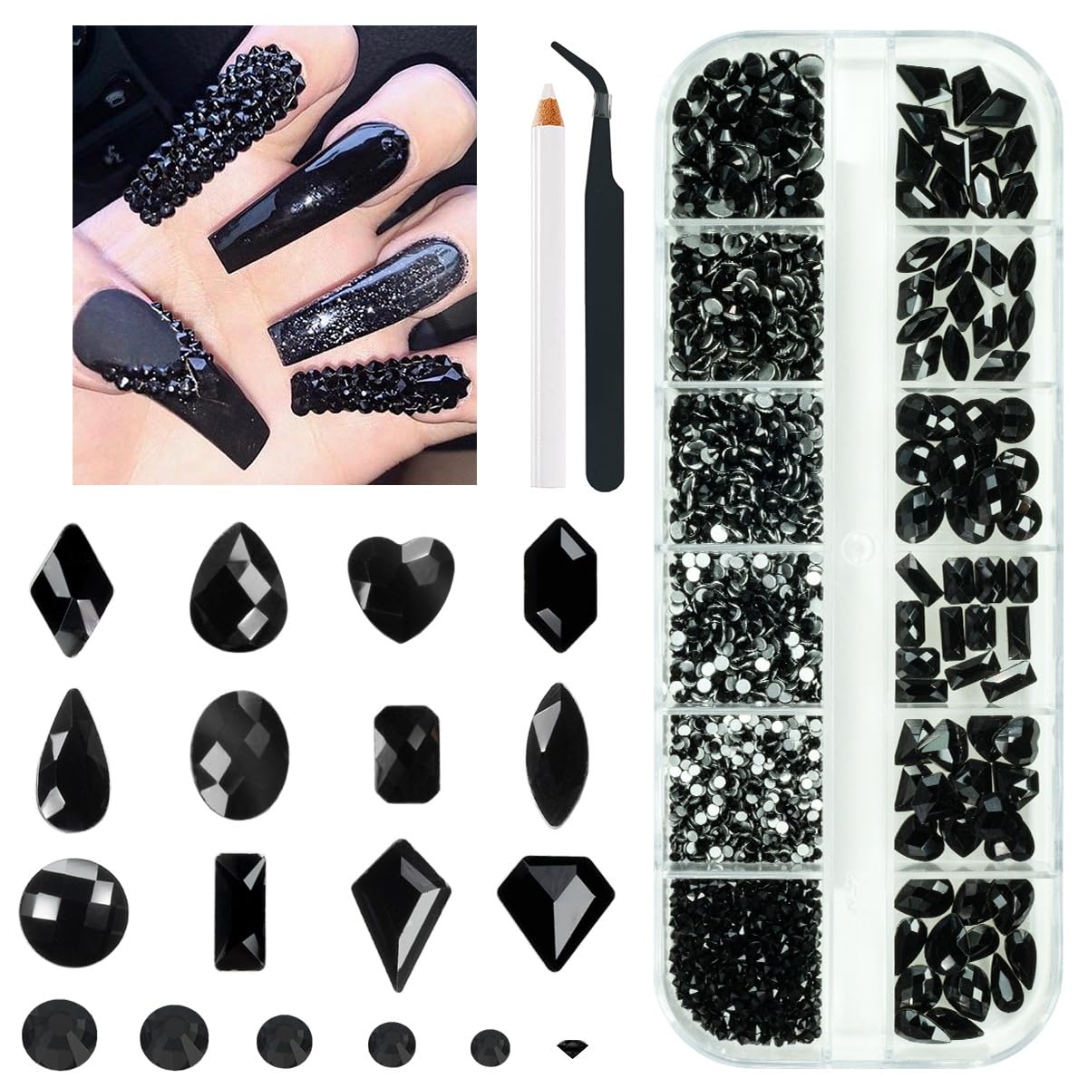 Qiipii cristales negros para uñas con 12 formas planas, brillo durable