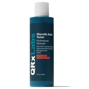 QRxLabs Tónico glicólico 10% – botella exfoliante para piel suave.