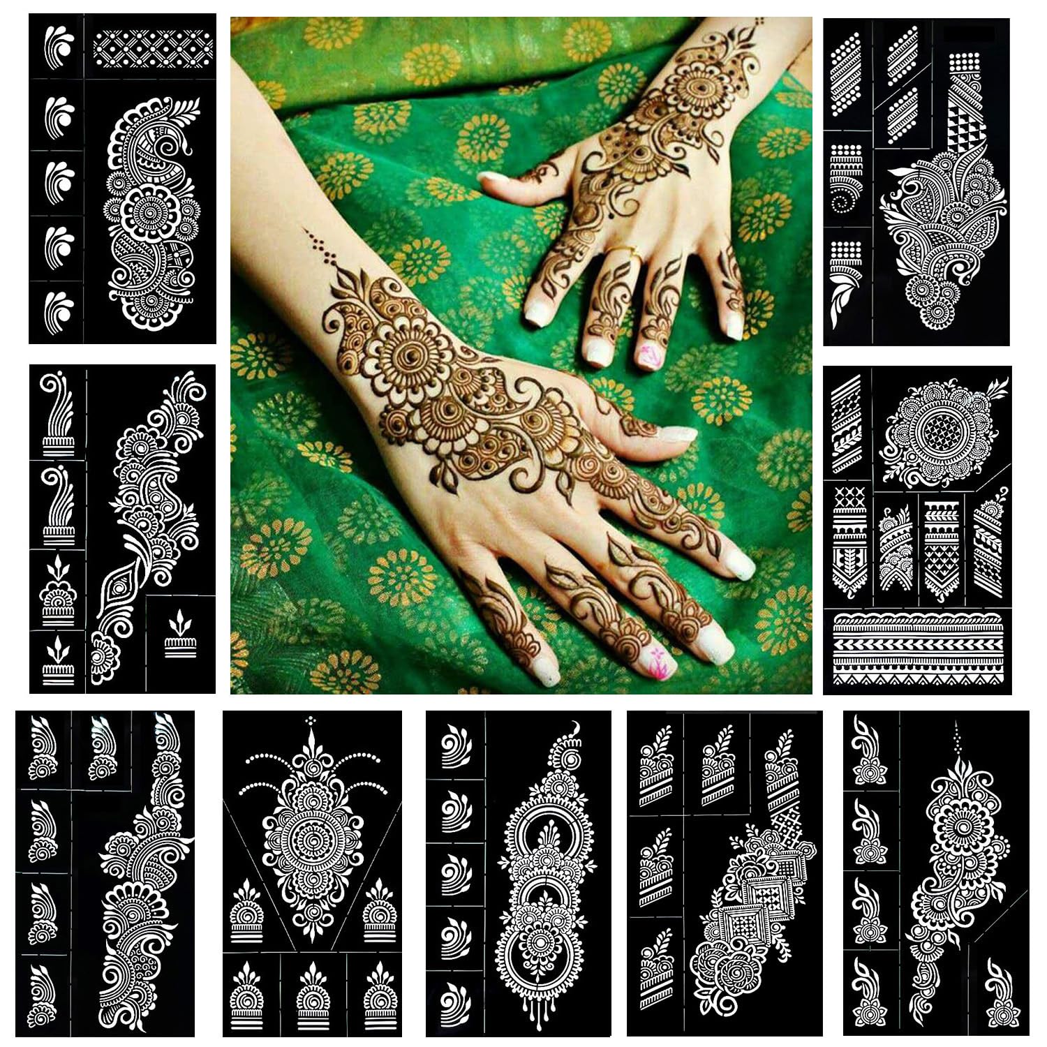 QSTOHENA Henna: plantillas hojas florales para decoraciones temporales seguras.