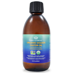 QUEEN OF THE THRONES Castor Oil bottle closeup showing purity and amber glass protection