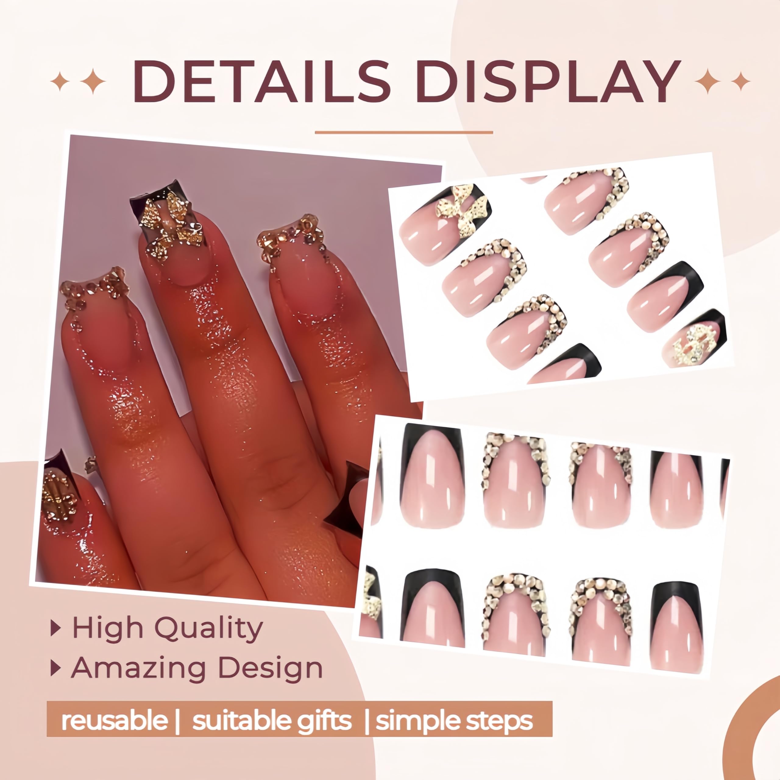 Quezadyl uñas frances negro con cristales en forma de dólar dorados, brillo para salidas.