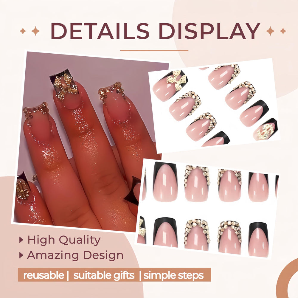 Quezadyl uñas frances negro con cristales en forma de dólar dorados, brillo para salidas.