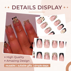 Quezadyl uñas frances negro con cristales en forma de dólar dorados, brillo para salidas.