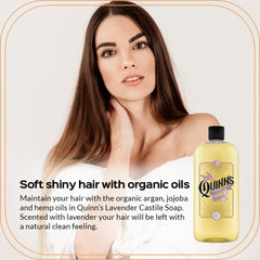 Quinn's Jabon de Castilla Lavanda muestra espuma cremosa para piel suave.