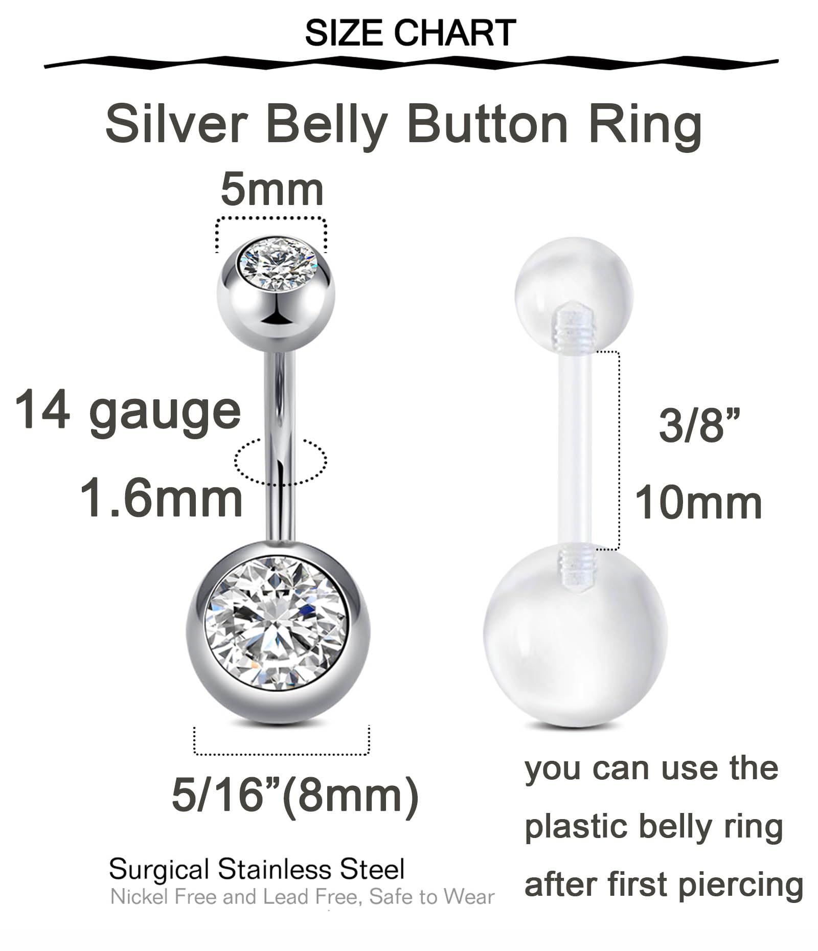 Anillo ombligo QWALIT 14g-1,6mm con bolas de 5mm y 8mm.
