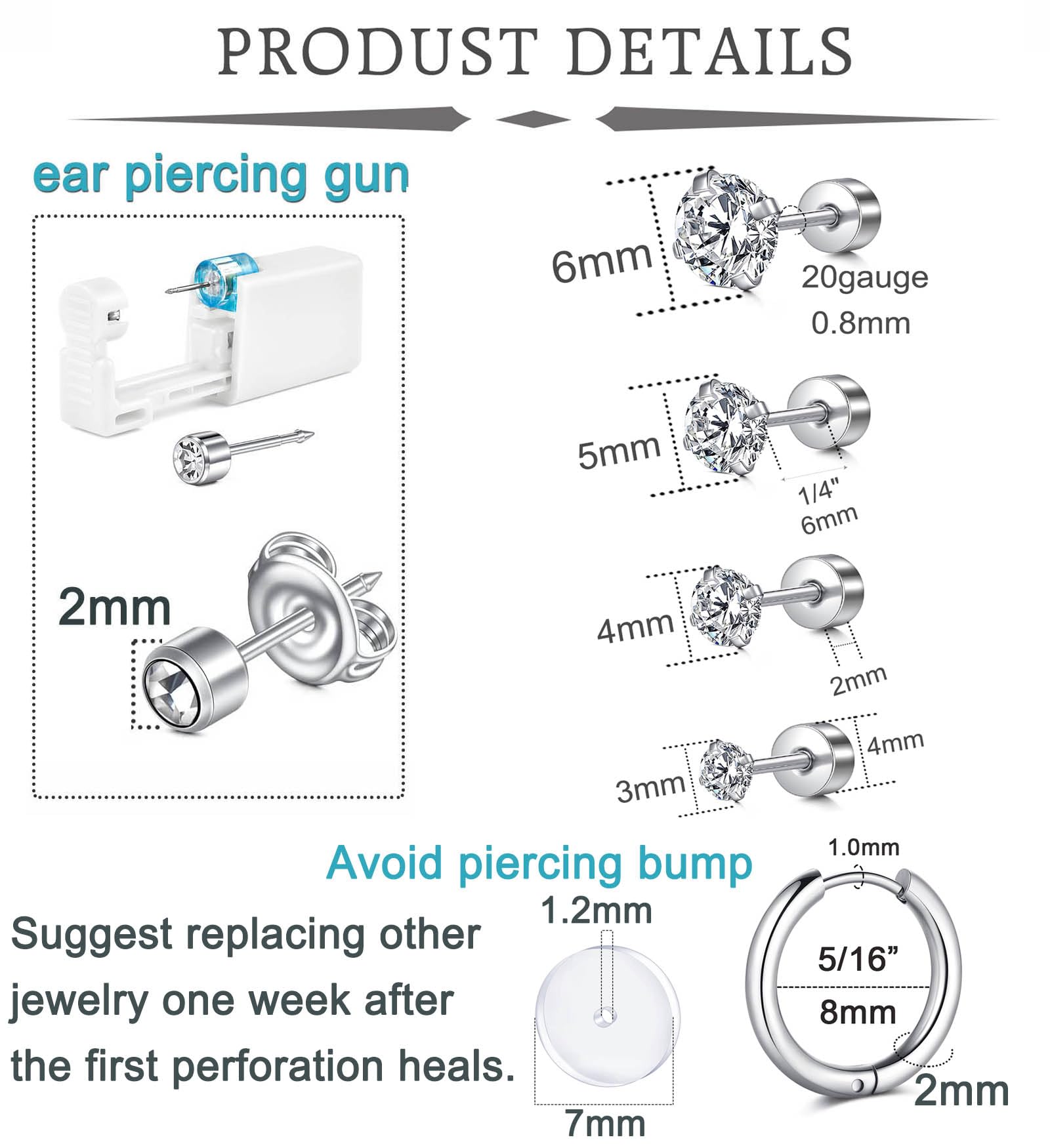 Pendientes 20G de QWALIT para lóbulos, uso cómodo y medición precisa.