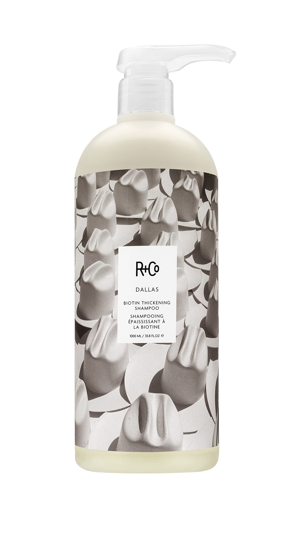 R+Co Dallas champú botella: impulso de volumen y fortalecimiento para cabello fino.