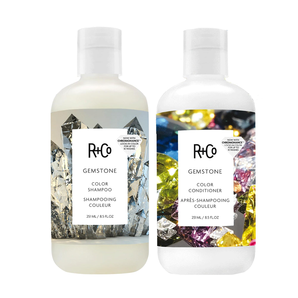 R+Co Gemstone Color Shampoo, botella visible, protege el color con lavado suave