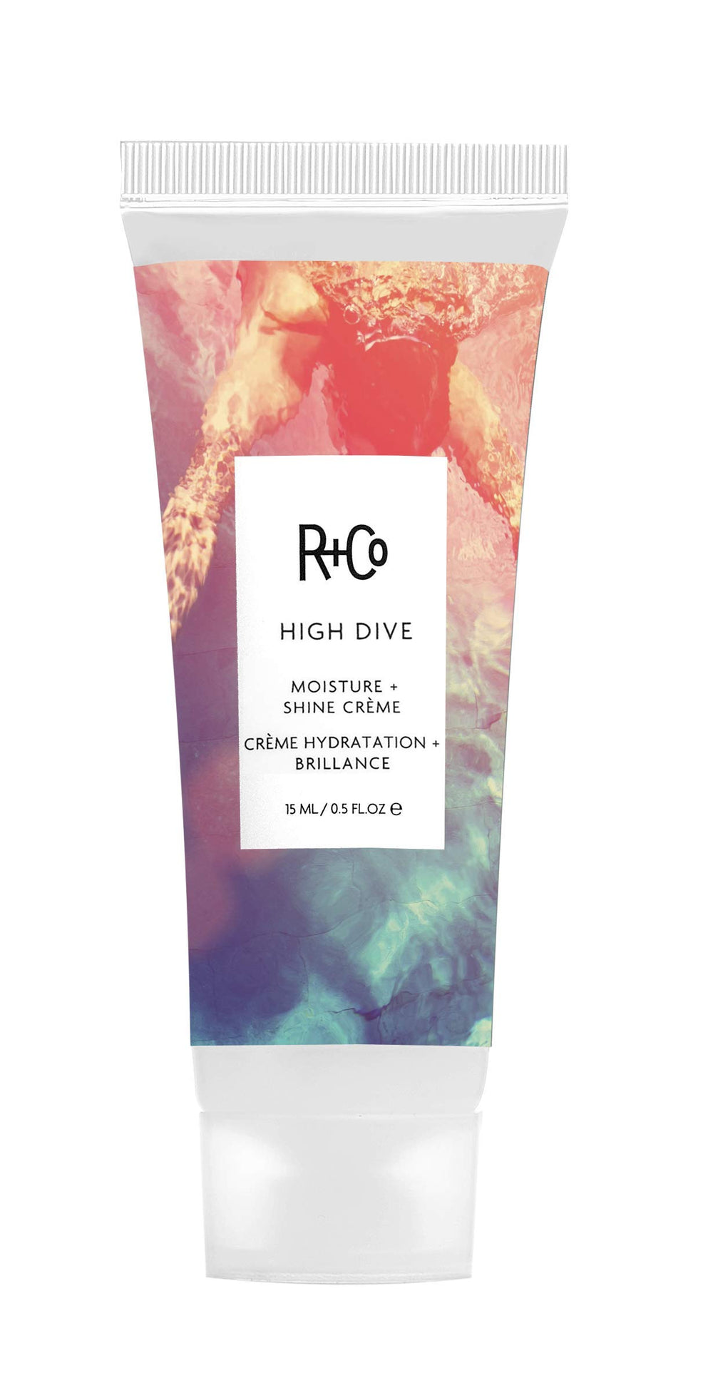 R+Co High Dive crema deluxe: botella elegante que ofrece hidratación profunda y brillo suave.