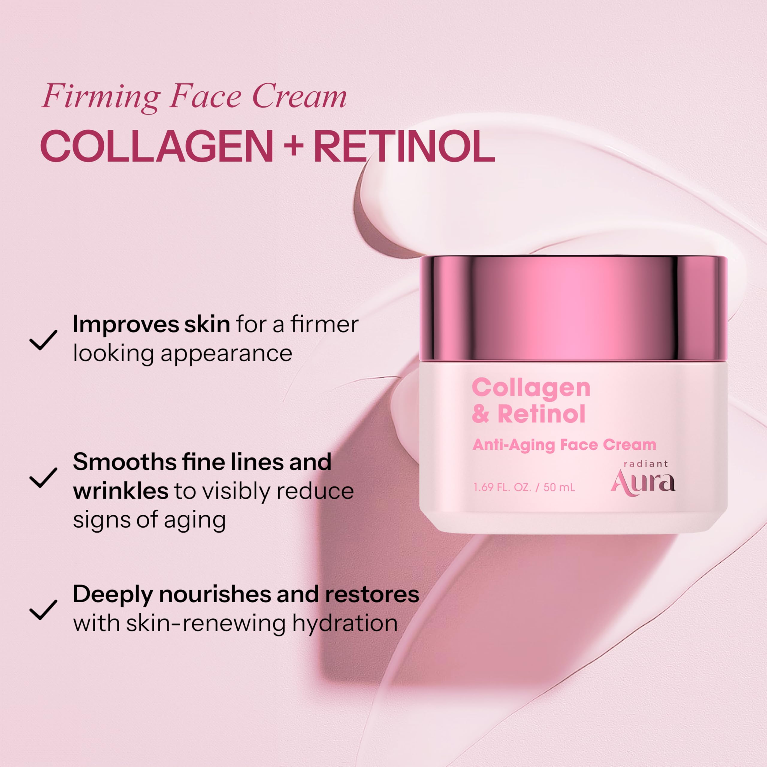 Radiant Aura botella de crema facial, envase elegante y compacto.