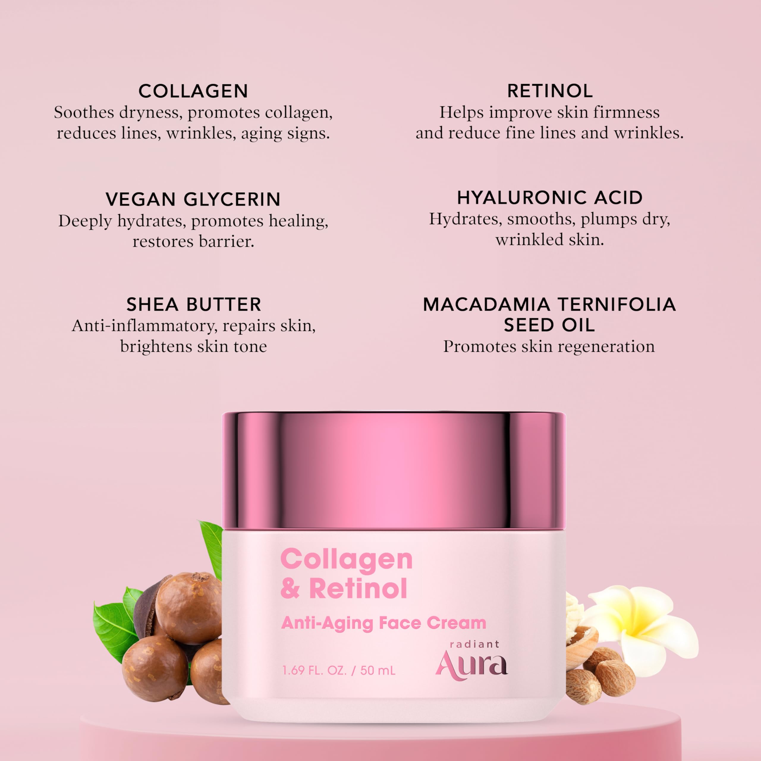 Radiant Aura hidratación duradera gracias a ácido hialurónico y glicerina vegana.