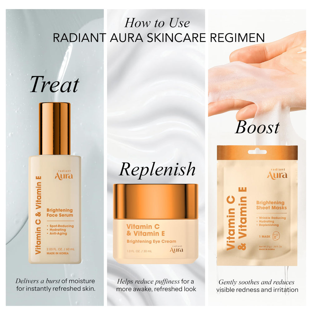 Radiant Aura Serum envase sostenible, cuidado limpio y ético diario.