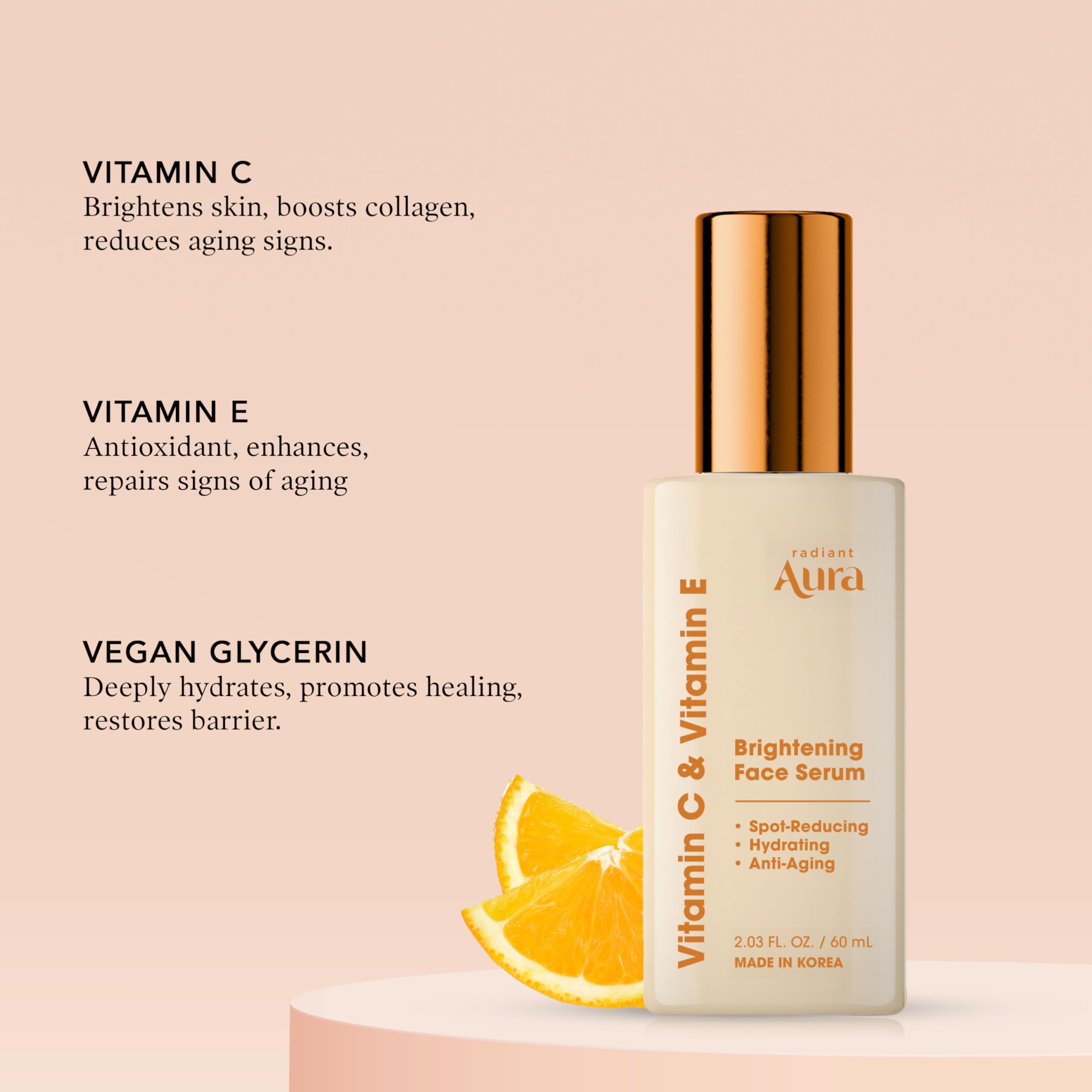 Radiant Aura Serum Vitamina E, hidratación suave que complementa la vitamina C.
