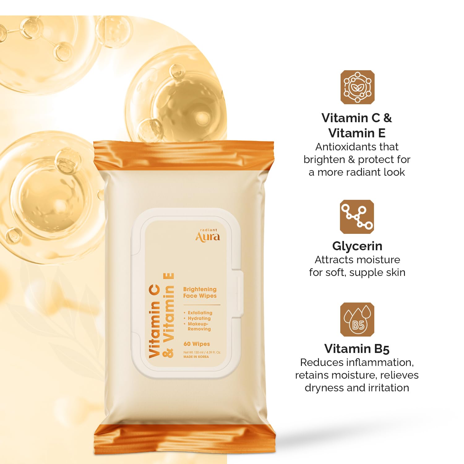 Radiant Aura toallitas faciales desmaquillante para limpieza rápida diaria.