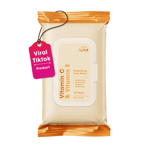 Radiant Aura toallitas faciales vitamina C‑E en empaque compacto para viajes.