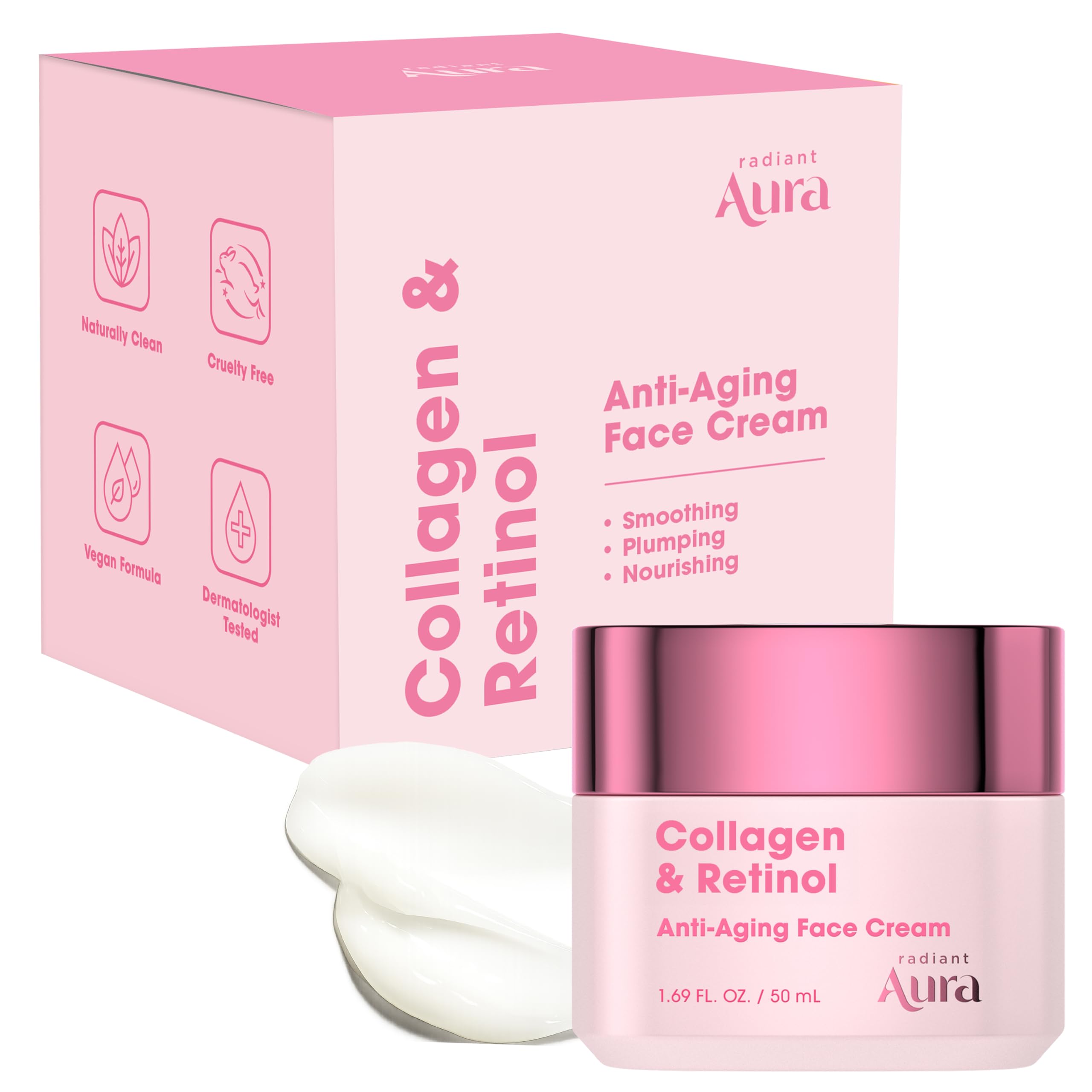 Radiant Aura crema facial con colágeno y retinol, textura seda para piel suave.