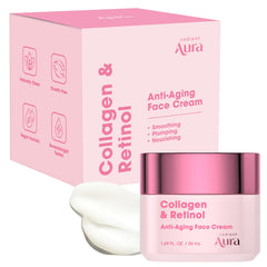 Radiant Aura crema facial con colágeno y retinol, textura seda para piel suave.