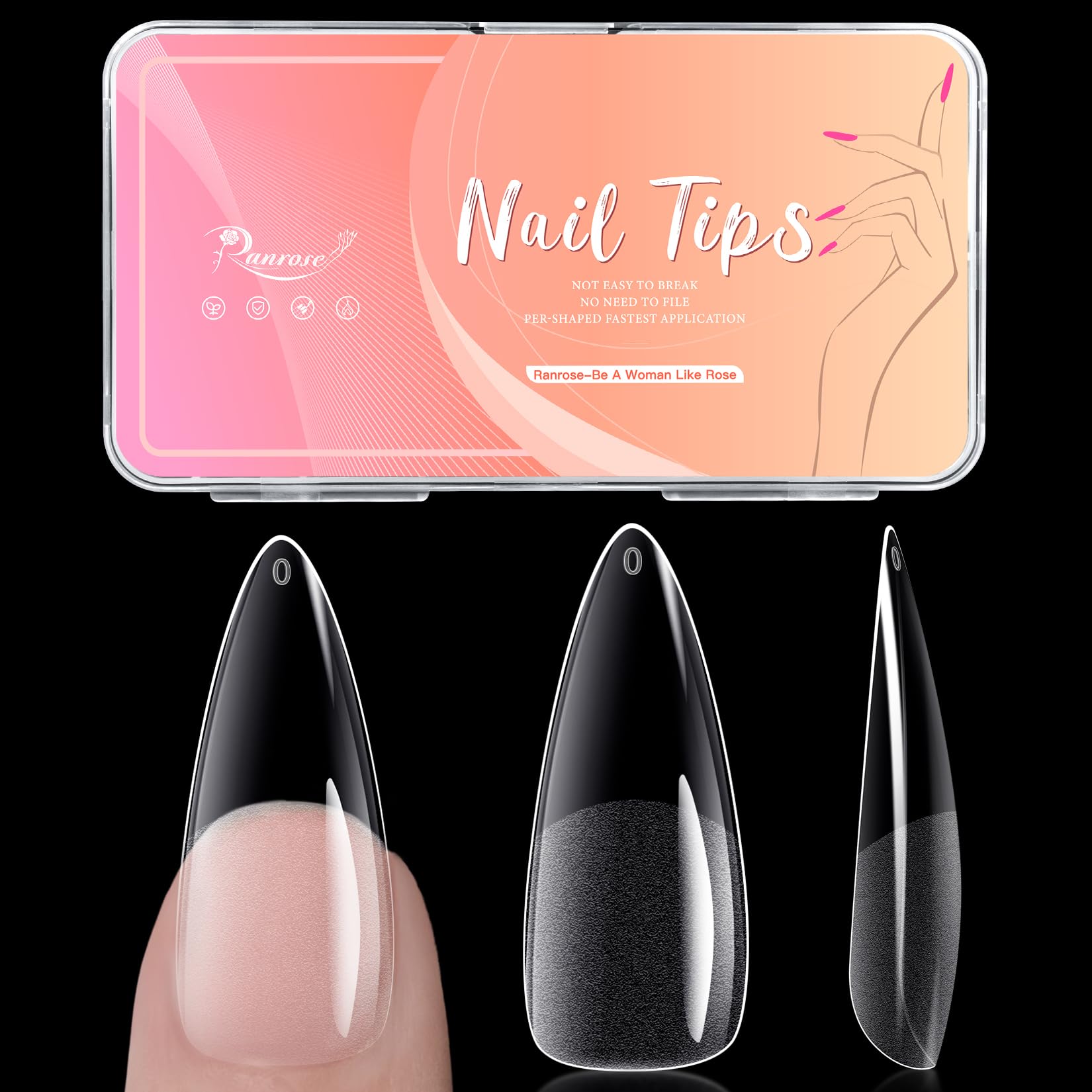 Puntas de uña Ranrose en almendra, cubiertas completas para un acabado natural y duradero.
