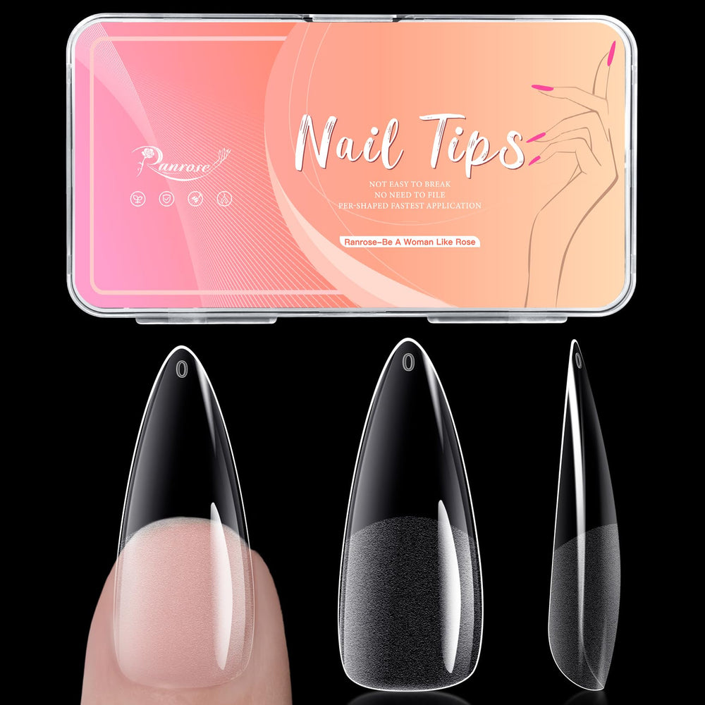Puntas de uña Ranrose en almendra, cubiertas completas para un acabado natural y duradero.