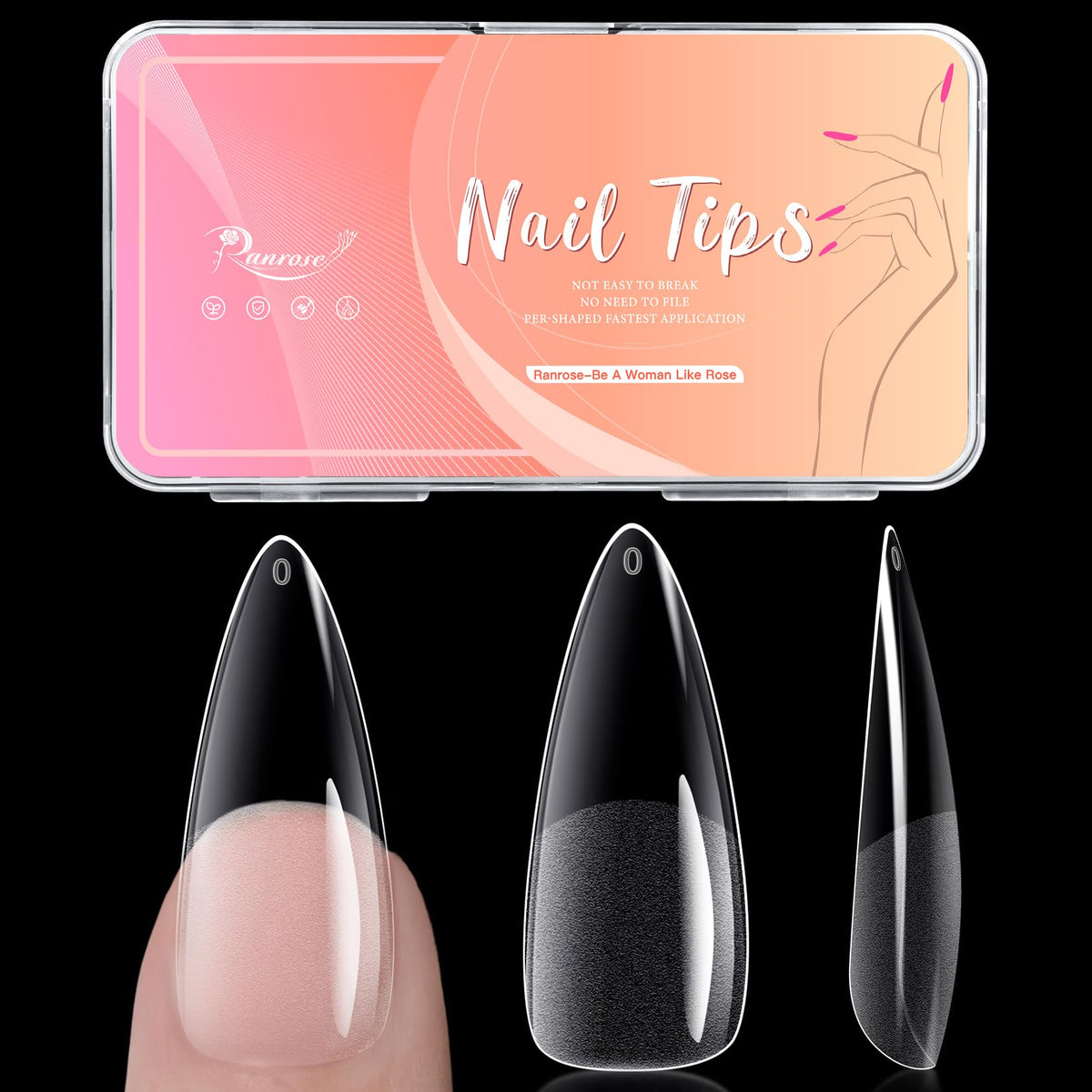 Puntas de uña Ranrose en almendra, cubiertas completas para un acabado natural y duradero.
