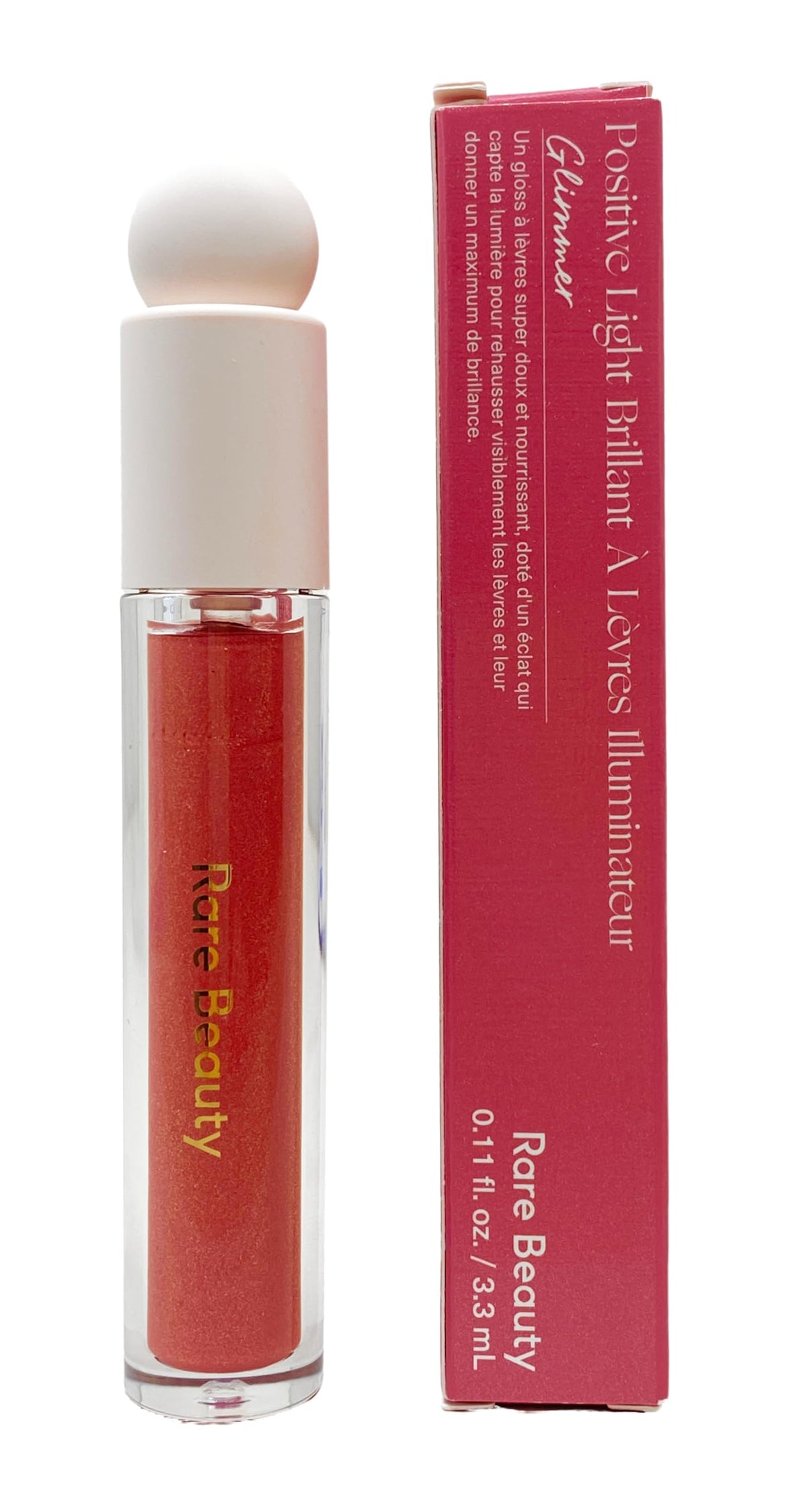 Rare Beauty Glimmer labial con brillo rosado, efecto prismático y hidratación rápida