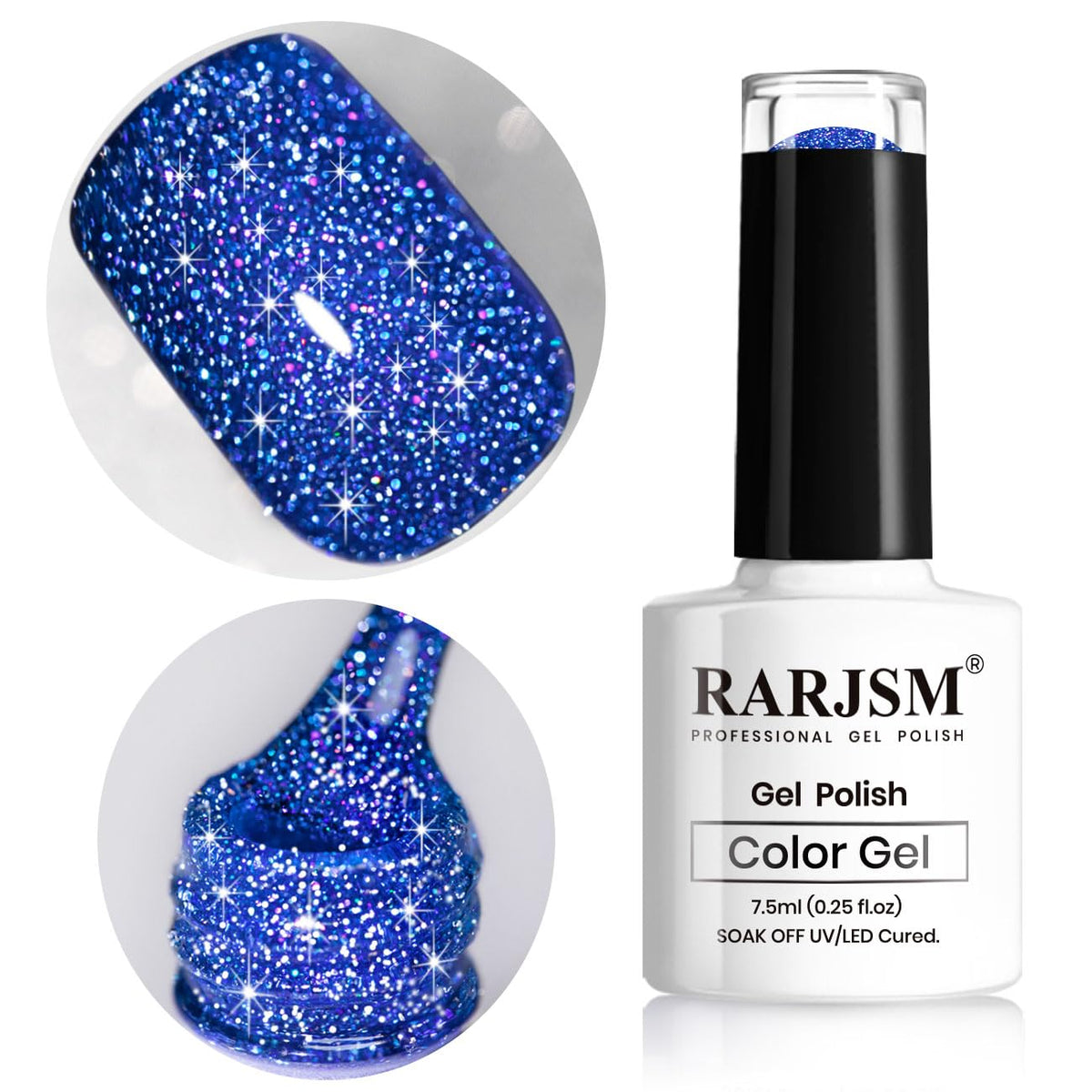 Esmalte gel RARJSM brillo iridiscente azul rey con efecto arcoíris en uñas.