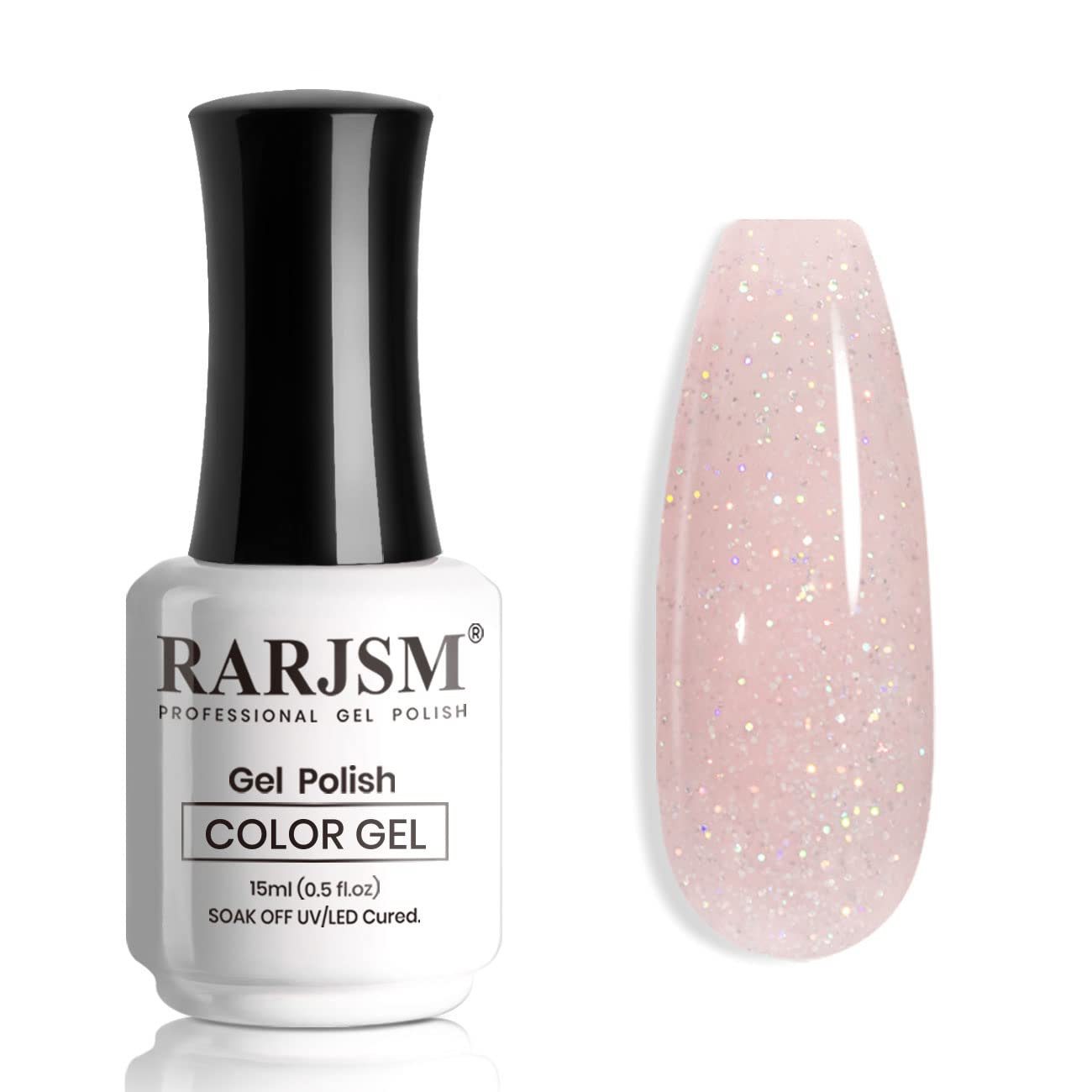 RARJSM esmalte gel nude pink con brillo arcoíris para acabado natural.