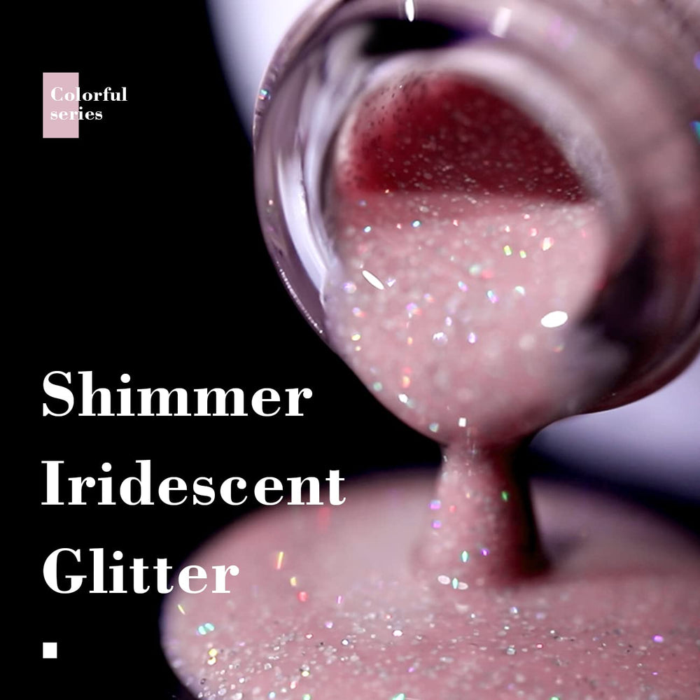 RARJSM glitter iridiscente en gel nude para reflejos sutiles.
