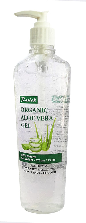 Raslok Gel de Aloe Vera, botella vertiendo, hidratación suave para rostro y cabello