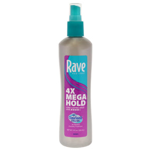 Rave 4X Mega Fijador de larga duración para peinado estable.