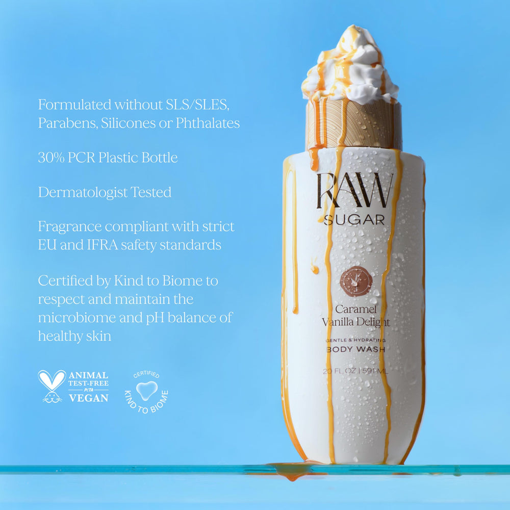RAW SUGAR gel de ducha, estante de baño, presentación atractiva.