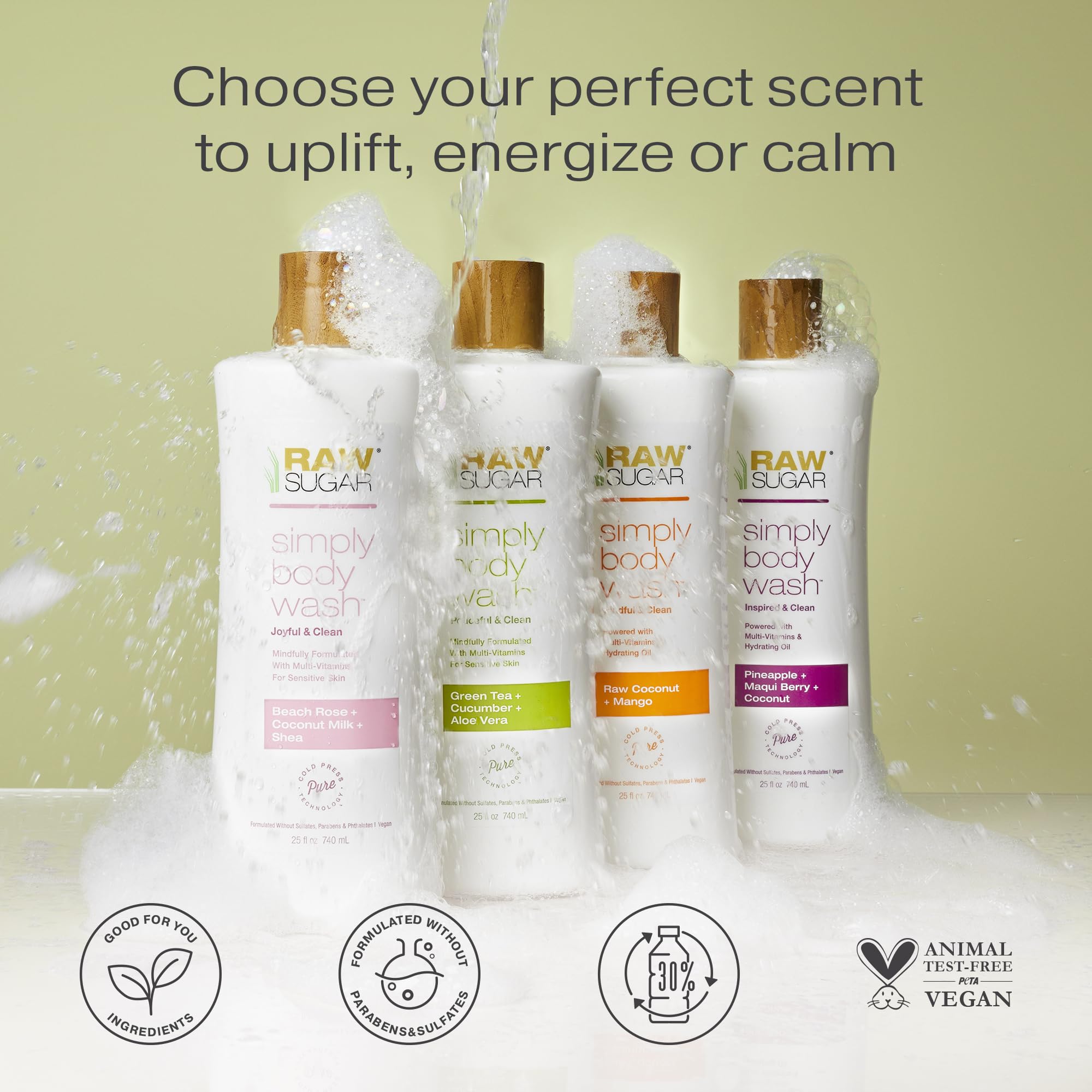 Aplicación diaria suave de RAW SUGAR Simply Body Wash para cuidar la piel.