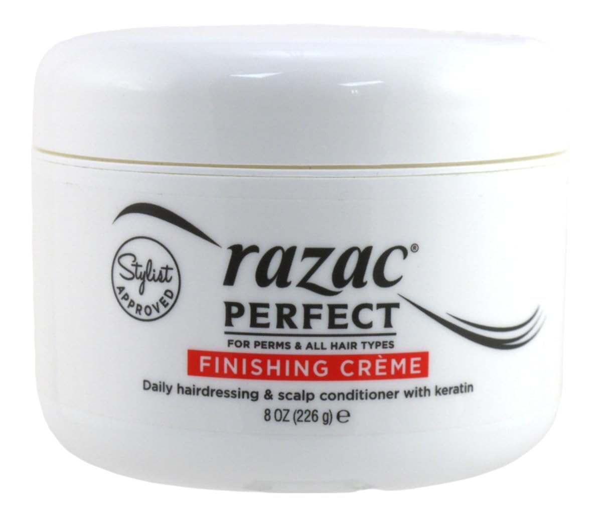 Razac crema de acabado para permanentes en frasco, revitaliza el cabello y aporta brillo suave.