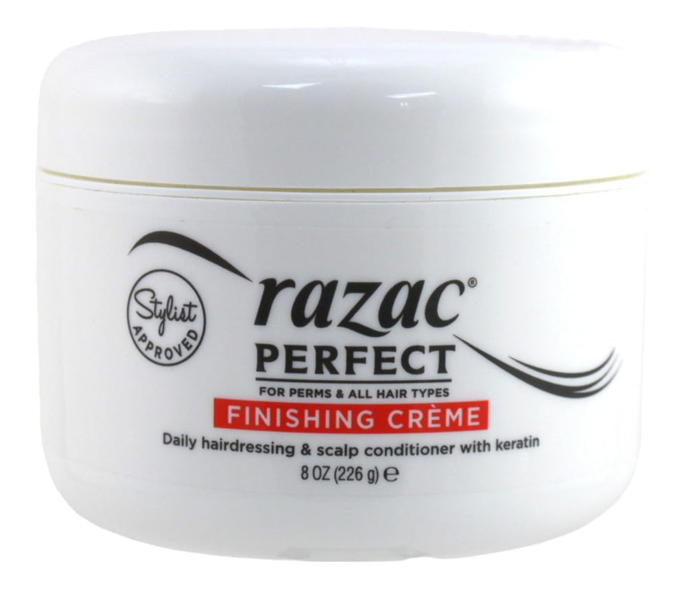 Razac crema de acabado para permanentes en frasco, revitaliza el cabello y aporta brillo suave.