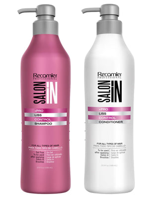Recamier Salon In champú anti-encrespamiento, botella en primer plano para control del encrespamiento.