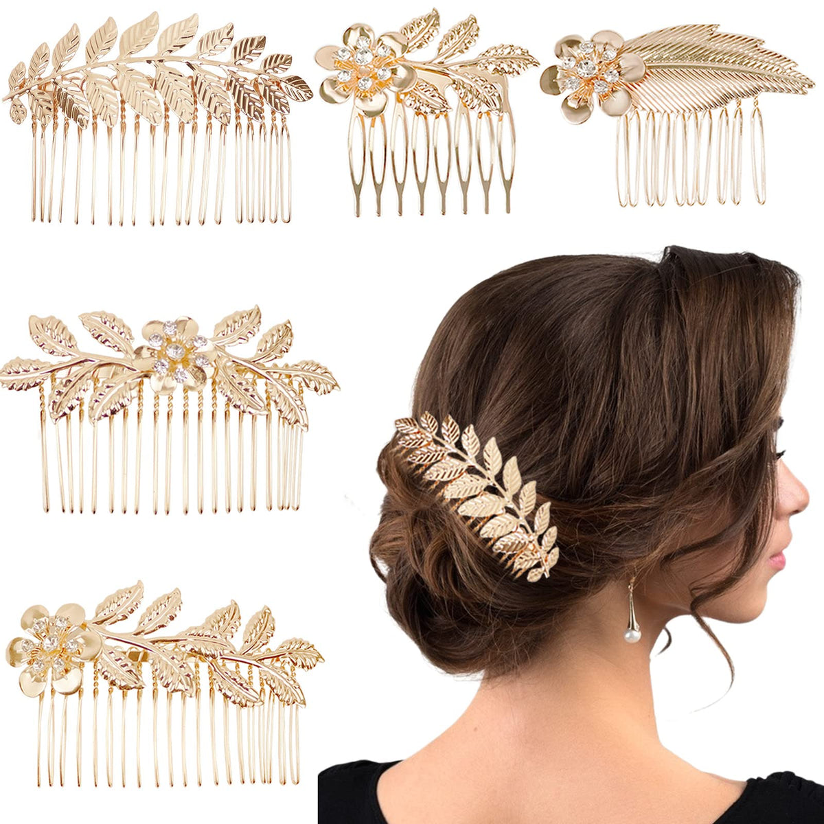 Redanha pinzas laterales hoja dorada, accesorio elegante para bodas y peinados.