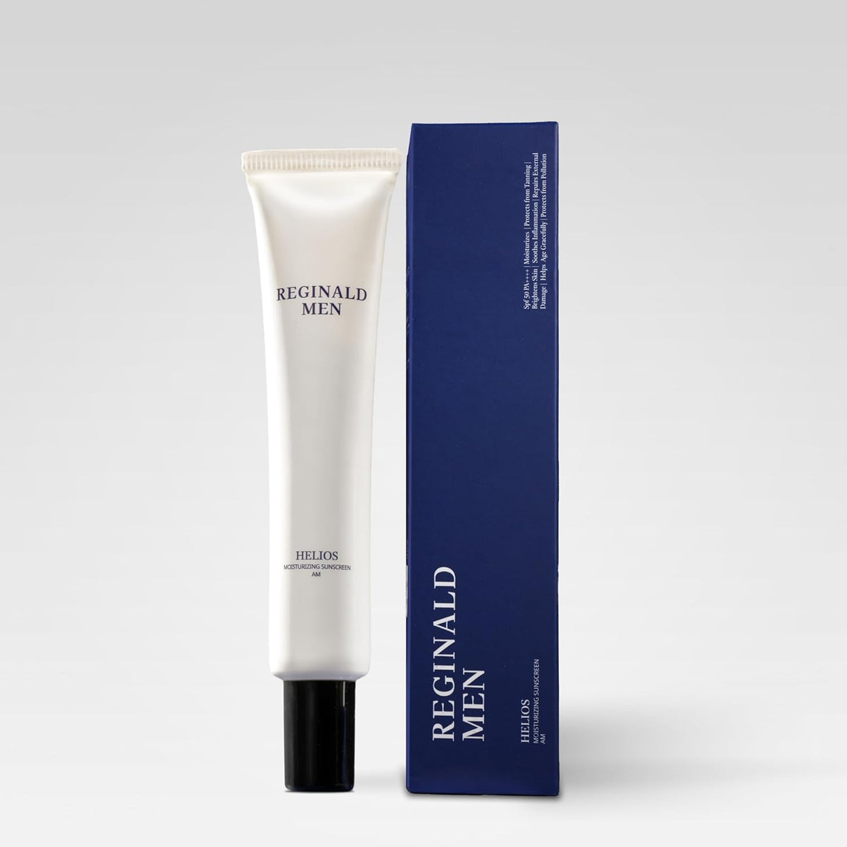 Reginald Men Helios crema solar SPF50: aplicación rápida y protección diaria para piel activa.