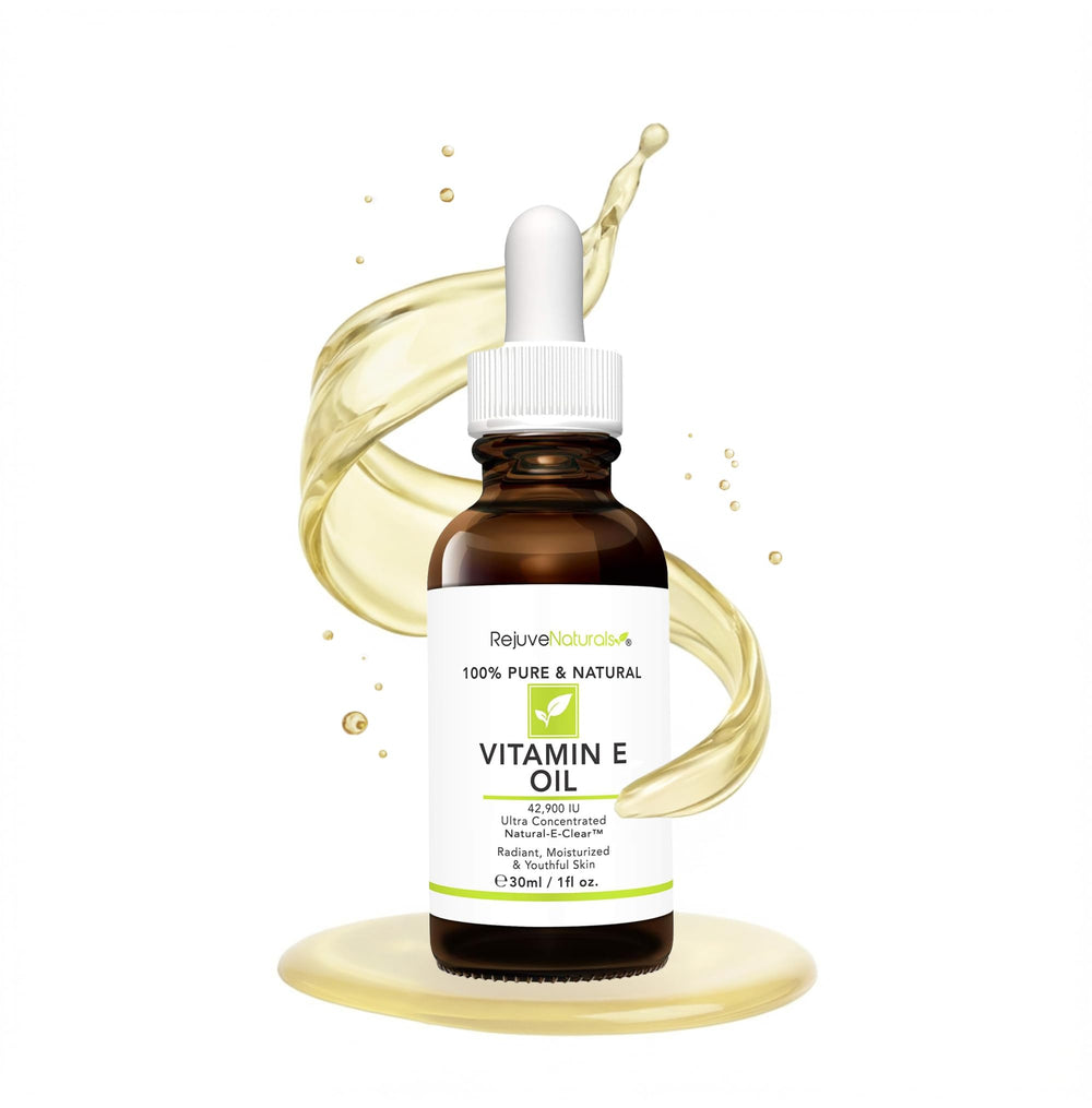 RejuveNaturals Aceite Vitamina E en bote, hidratación suave para la piel.