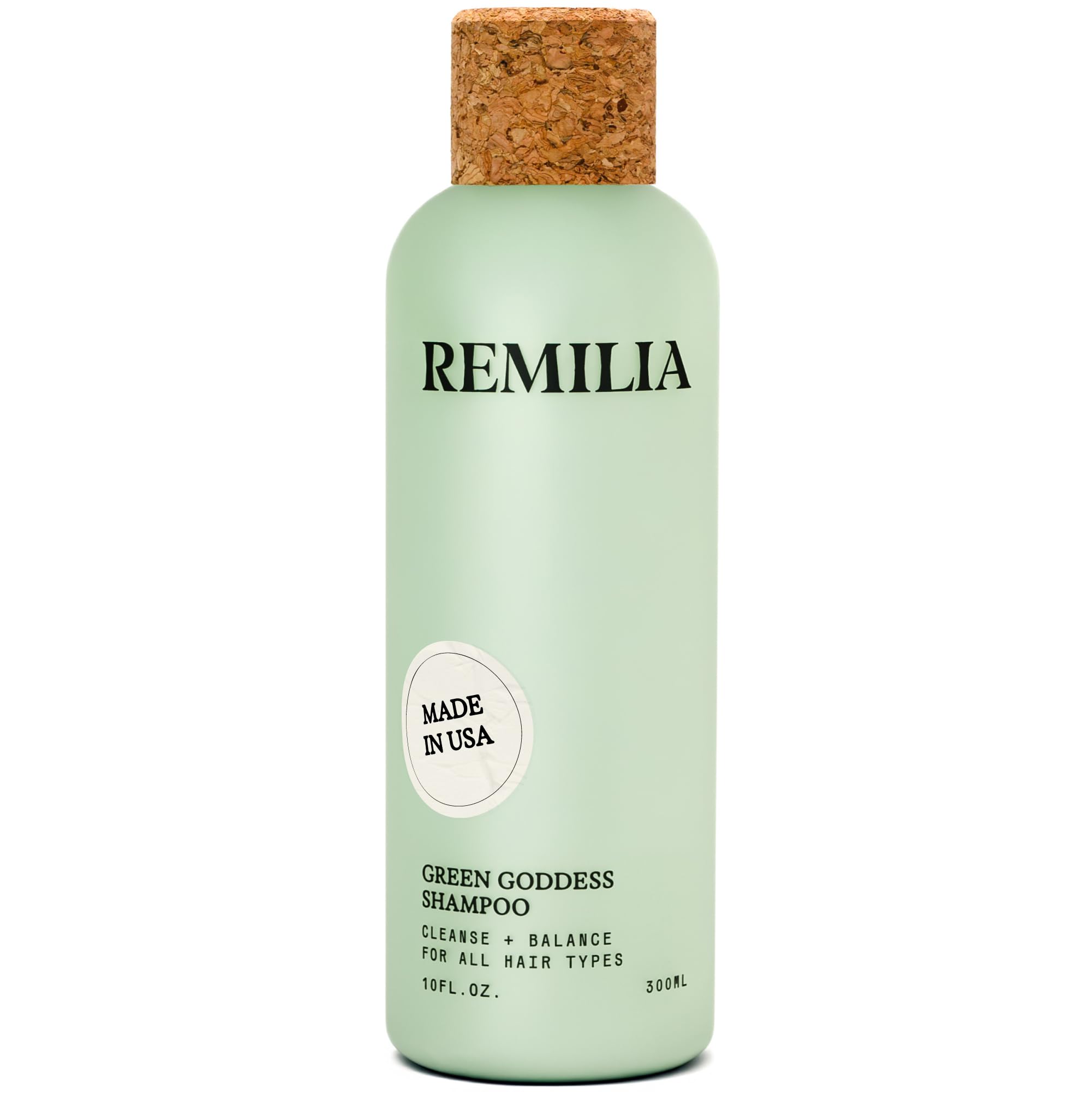 Remilia Green Goddess Shampoo con aceite de romero, limpia suavemente y revitaliza el cabello.