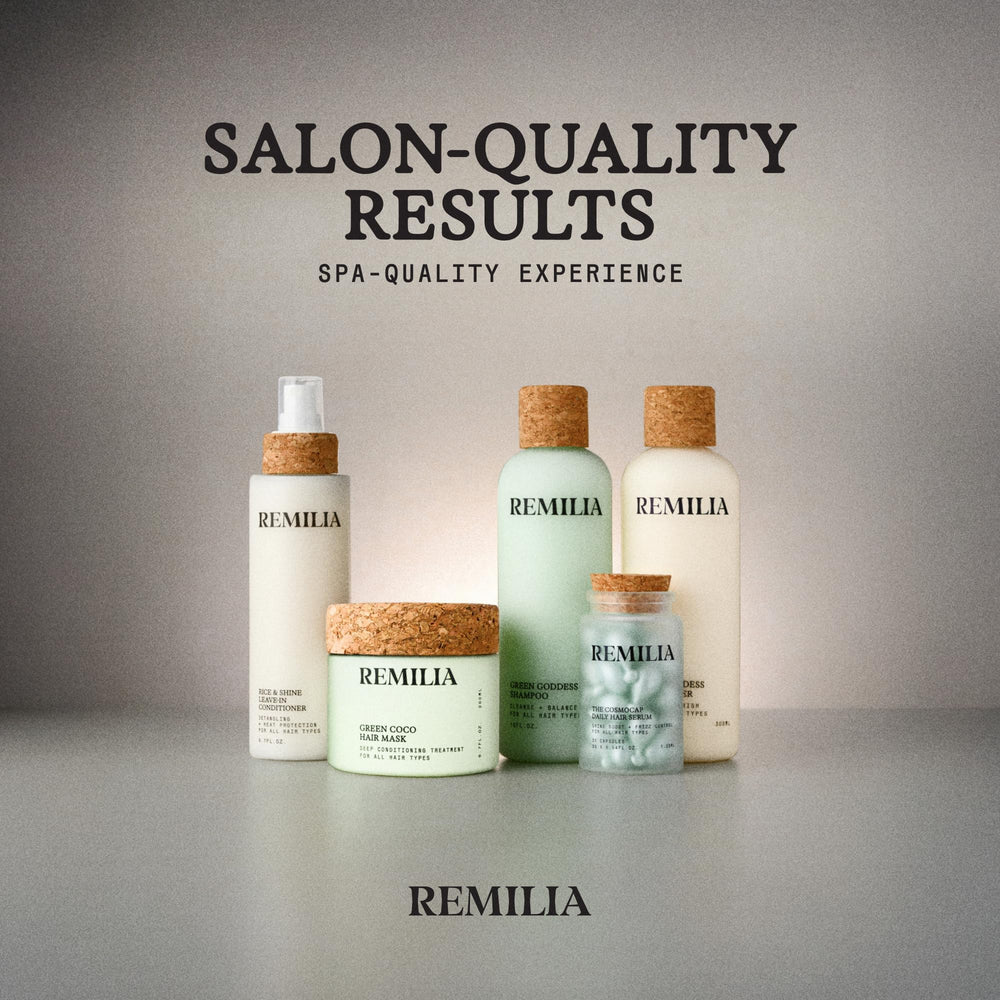 Remilia Green Goddess Shampoo, fragancia a rosas y jazmín para un ritual de lavado.