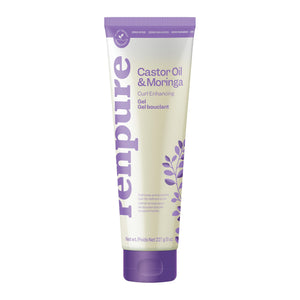 Renpure gel de aceite de ricino y moringa, frasco suave para rizos definidos y brillantes.