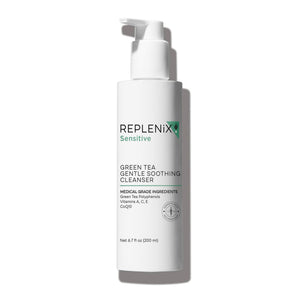 Limpieza suave de Replenix Té Verde en botella, ideal para piel sensible.