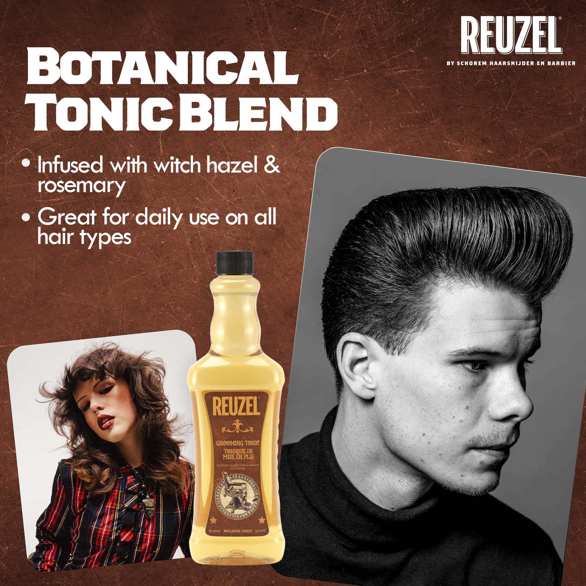REUZEL Tonico Grooming: acabado pulido para peinado pompador.
