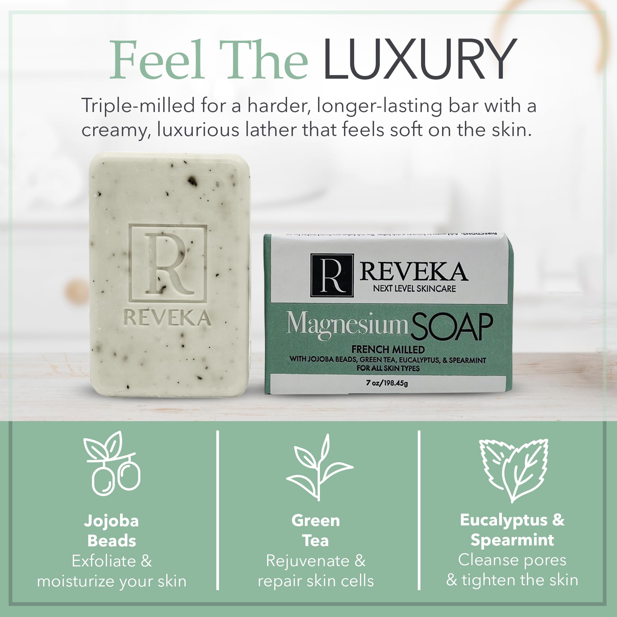 Reveka Skincare jabón de triple molienda para mayor durabilidad.