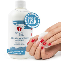 Revel Nail removedor acetona 100% sin blanqueo minimiza manchas durante la remoción.