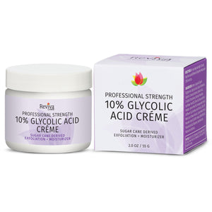 Reviva Labs crema glicólico 10% en bote, exfolia suavemente para piel luminosa.