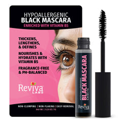 Reviva Labs Mascara hipoalergénica negra en aplicación suave para ojos sensibles.
