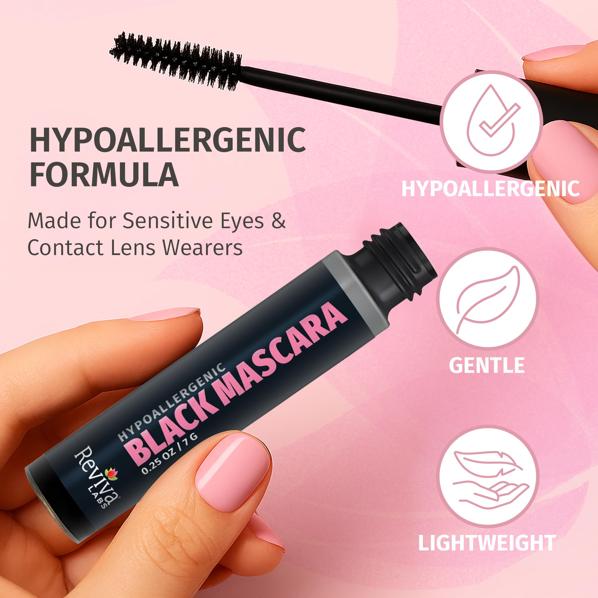 Reviva Labs Mascara textura suave para distribución uniforme y definición duradera.
