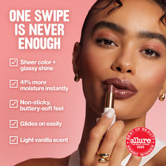 REVLON aloe y cuarzo rosa suavizan labios mientras brindan brillo elegante.