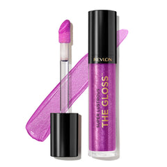 Revlon brillo labial morado claro en tubo, color intenso y cómodo.